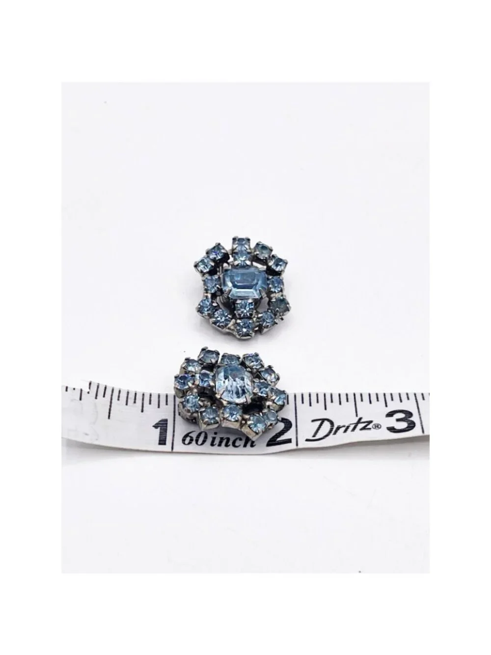 Vintage Silver Tone Blue Rhinestone Floral Cluster Clip-On Earrings Retro MCM